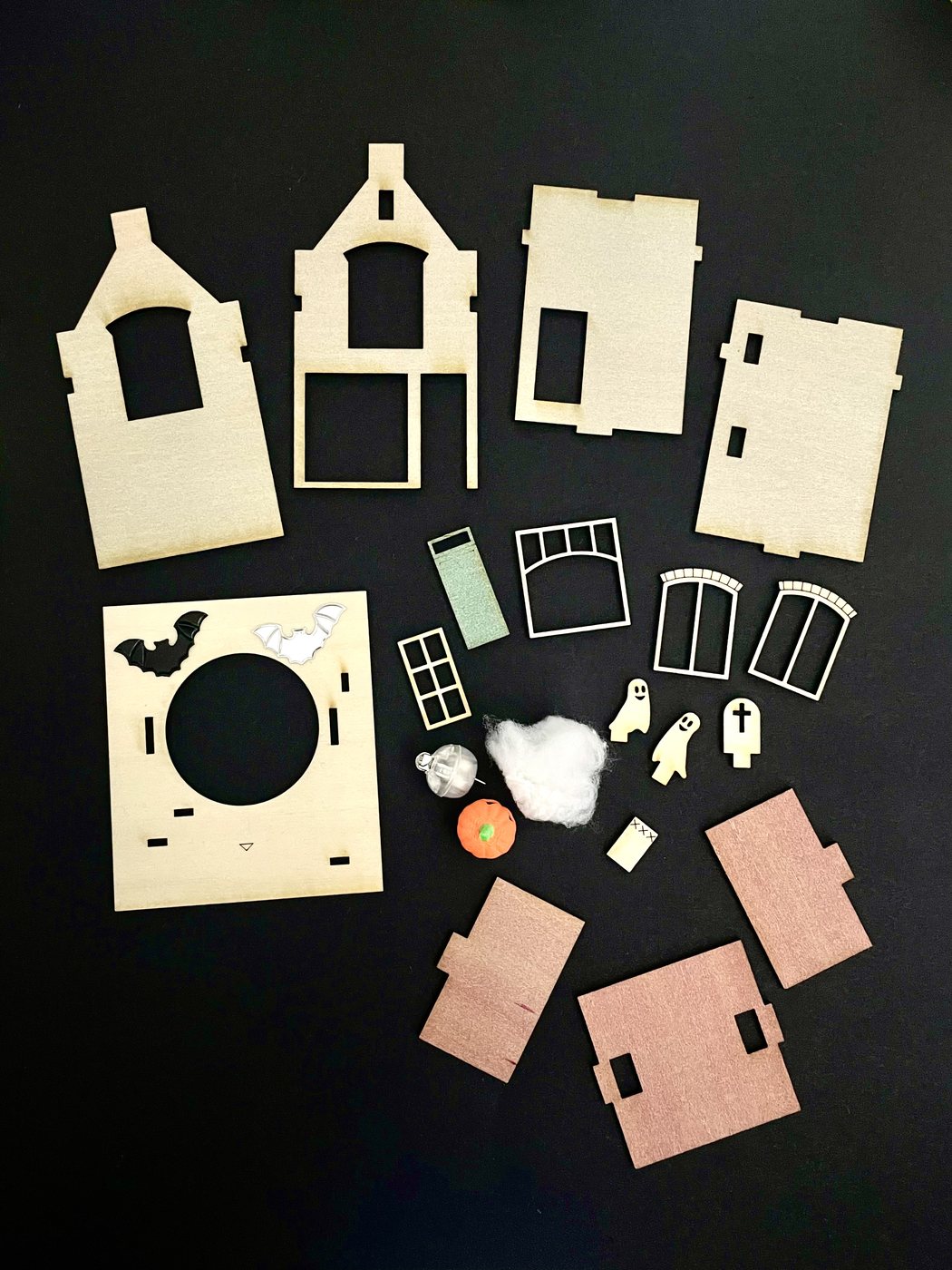 Halloween Canal House kit pieces laid out